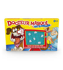 Image du jeu Docteur Maboul Vétérinaire de Hasbro, avec un plateau représentant un animal malade et des pièces à retirer à l’aide de pinces.