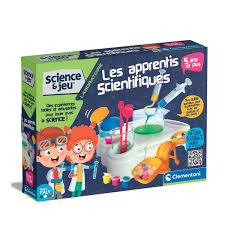 Kit éducatif pour les jeunes scientifiques avec des matériaux pour des expériences scientifiques sur la gravité, la chimie, et l'astronomie.