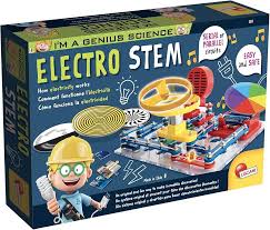 Image du kit Lisciani Genius Electro Stem EX56323, montrant les différents composants pour créer des circuits électriques et des machines ludiques.