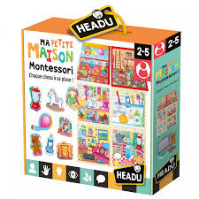 Jeu éducatif Ma Petite Maison Montessori Headu avec éléments à assembler pour créer une maison colorée et interactive.