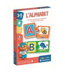 26 mini-puzzles illustrés à assembler pour apprendre les lettres de l’alphabet et les premiers mots. https://etoilejouet.ma/wp-content/uploads/2024/08/mon-alphabet-clementoni-etoile-jouet-1.jpg