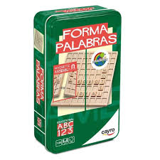 Jeu éducatif FormaPalabras de Cayro dans une boîte métallique, avec des lettres pour former des mots.