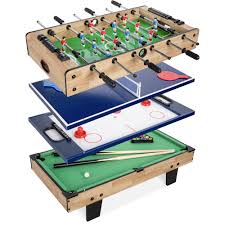 "Table multi-jeux 4-en-1 avec Air Hockey, Tennis de Table, Billard et Foosball pour des heures de divertissement en famille."