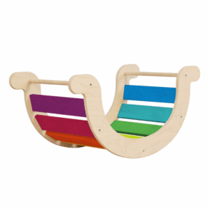 Balançoire d'équilibre pour enfant multicolore et en bois, avec suspension réglable et assise ergonomique, idéale pour le développement de l'équilibre et de la coordination.