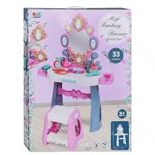 Coiffeuse enfant avec miroir lumineux et accessoires de maquillage jouet.