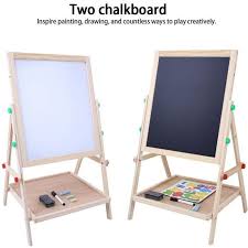 Tableau à dessin en bois pour enfants, double face, avec rangement pour accessoires et porte-crayons, parfait pour des activités créatives et éducatives.