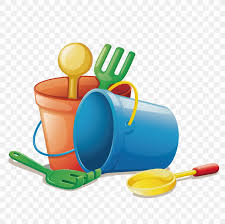 Jouets de plage colorés pour enfants : seau, pelle, râteau et moules à sable pour construire des châteaux.