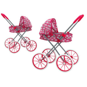 Poussette pour poupée rose pliable avec grandes roues pour jeux d’imitation enfants.