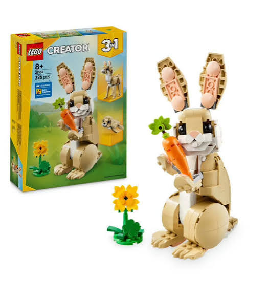 LEGO Creator L'Adorable Lapin 3-en-1 avec lapin articulé, carotte et fleur.